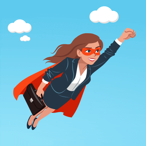 Businesswoman wearing a cape and mask, flying through the sky